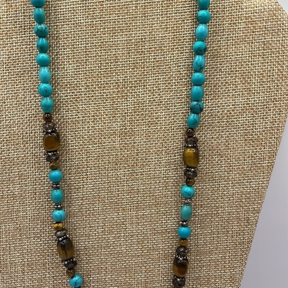 Tigers Eye Necklace Turquoise Howlite Beads Silver Tone Natural Tones - Picture 3 of 8